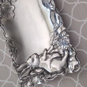 Arthur Court Pewter Silver Rectangular Tray with Rabbit Design 1998